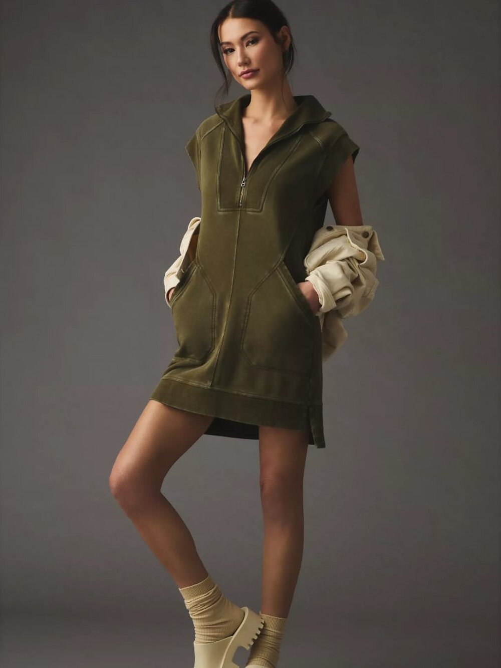 Daily Practice by Anthropologie Meru Zip-Front Mini Dress in Moss Size S NWT